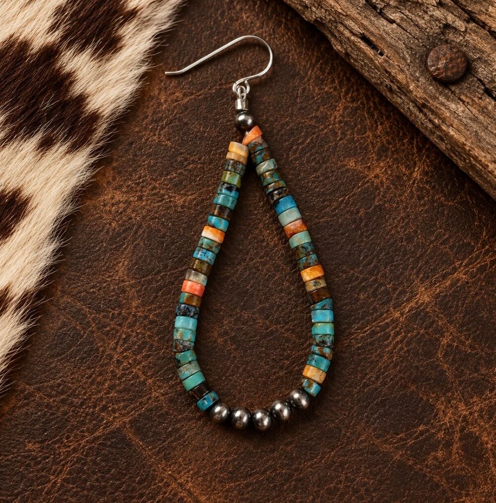 Turquoise Heishi & Sterling Silver Pearl Teardrop Earrings
